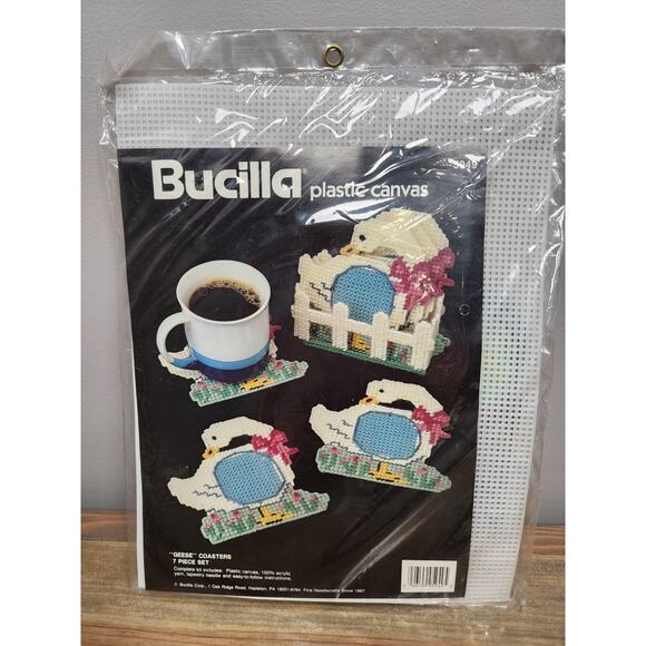 Vtg Bucilla Geese Plastic Canvas Kit Coasters & Holder 7 Piece Set Goose Sealed - Picture 1 of 5